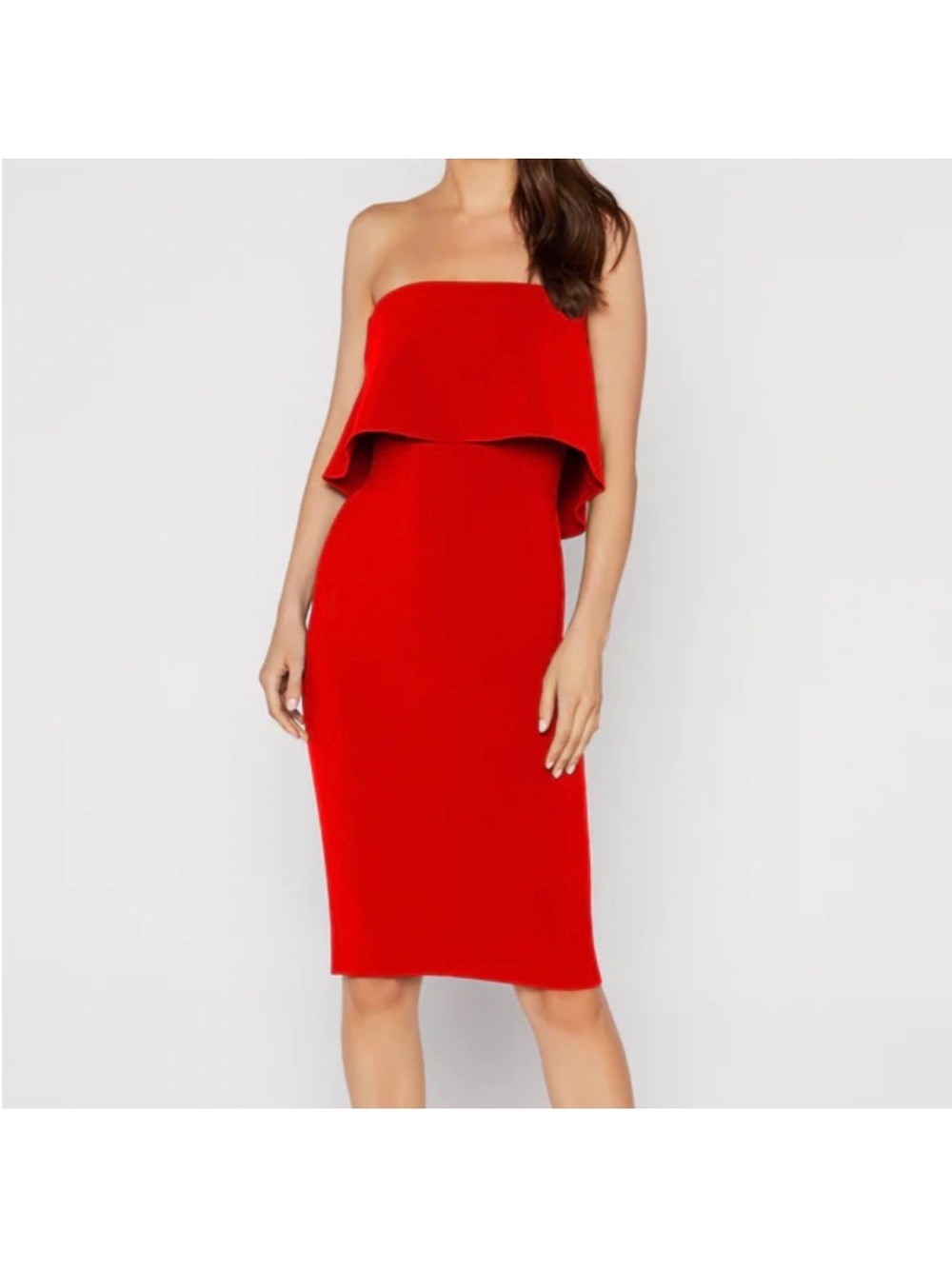 Likely Red Strapless Ruffle Sheath Dress